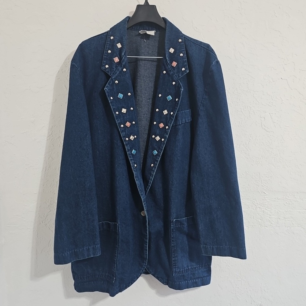 Vtg Dreams Denim Jacket Womens Sz Lg Blazer Beaded Southwestern Grannycore